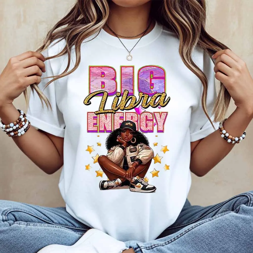 Big Libra Energy Graphic Print T Shirt White Casual Loose Fit Tee For Women Perfect For Everyday Wear And Leisure Activities
