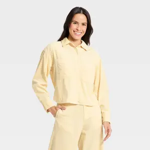 Women's Long Sleeve Cropped Corduroy Collared Neck Button-Down Shirt - Universal Thread Cream XS