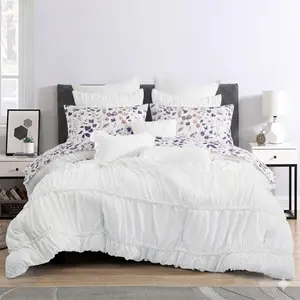 10PC Bedding Suite | White Ruffle Comforter & Floral Sheet Set