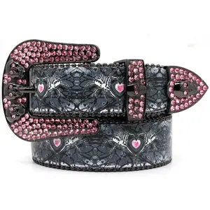 Popular printed rhinestone belt for women, high-end belt for men, skull head alloy pin buckle, fashionable punk style, unique and trendy