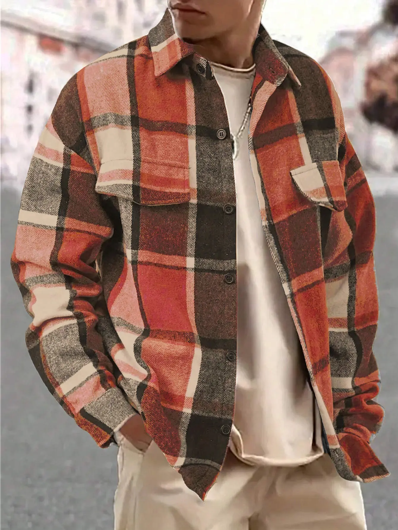 Men's Plaid Overshirt, Lapel Button Down Long Sleeve Shirt with Chest Pockets, Casual Loose Shackets for Fall Winter**