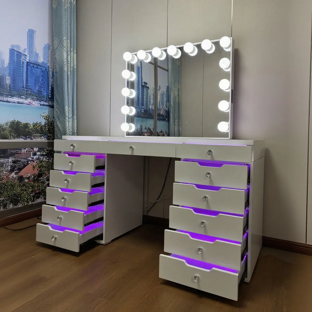 Smart Vanity Set with Illuminated Mirror including Bluetooth Speaker and RGB Drawer Lighting Effects Oak Finish 13 Drawers Crystal Handles 5mm Tempered Glass Top 80mm LED Mirror 59x23.6x31.5in