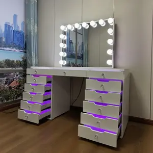 Smart Vanity Set with Illuminated Mirror including Bluetooth Speaker and RGB Drawer Lighting Effects Oak Finish 13 Drawers Crystal Handles 5mm Tempered Glass Top 80mm LED Mirror 59x23.6x31.5in