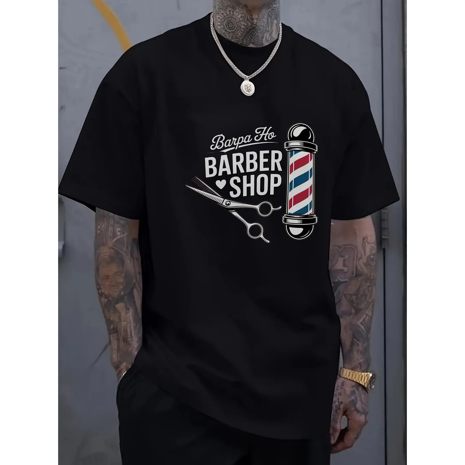 GGOR Men's Vintage Barber Graphics Top, Casual Wear Shortsleeve T-Shirt in Polyester Knit Fabric, Regular Fit Crewneck, Menswear, Machine Wash
