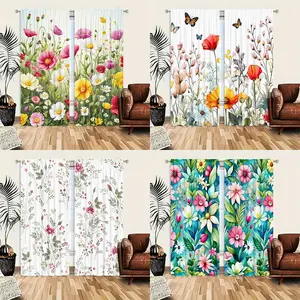 2 pieces of spring green plant flower polyester fiber printed curtains, modern four season design, 100% polyester, filter, with pole bag, easy to hang, very suitable for kitchen, laundry room, bedroom, study, living room, Window Curtain