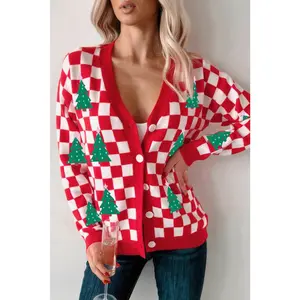 Red Checkered Christmas Tree Pattern Button V Neck Knit Cardigan