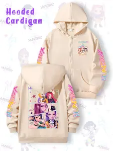 Girls Kpop Demon Hunters Korean Fashion Zipper Hoodie, Graphic Casual Hoodie, Cartoon Print Sportswear, Comfortable Spring & Fall Casual Wear, Christmas Gift