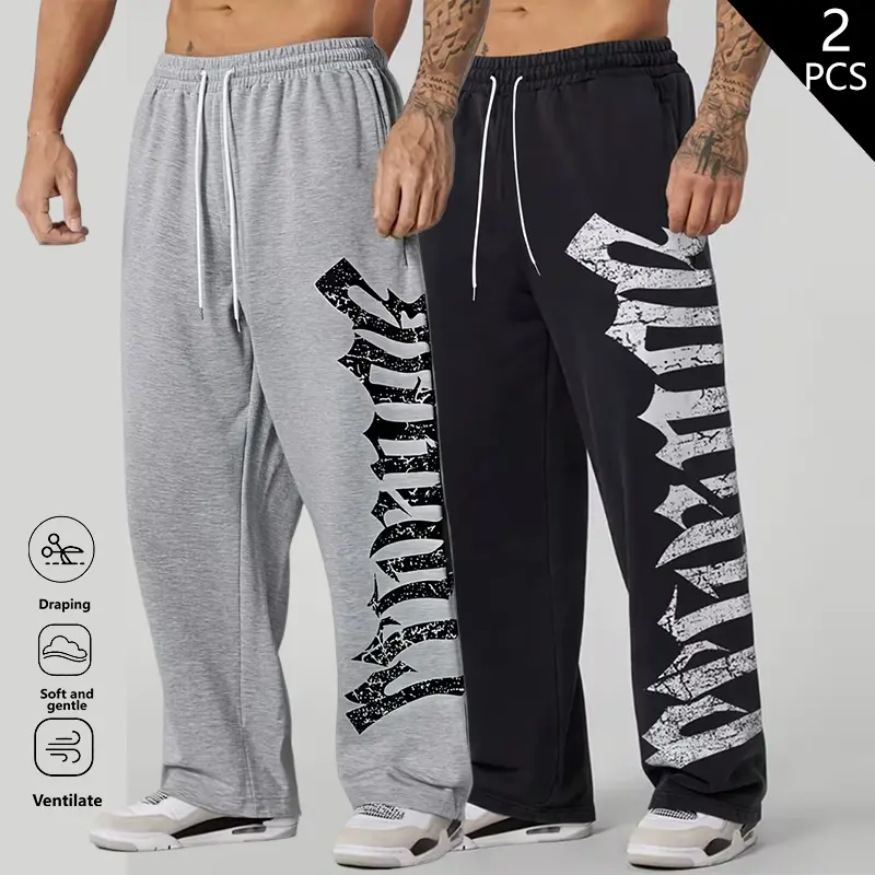 LIFE KEEPS MOVING Men’s Spring/Autumn Casual Loose Sports Pants, 2-Pack, Letter Print Design, Skin-Friendly, Breathable, Soft and Comfortable Material, Street Fashion Apparel, Drawstring Elastic Waist, Solid Color Minimalist Stylish Jogging Pants, Regular