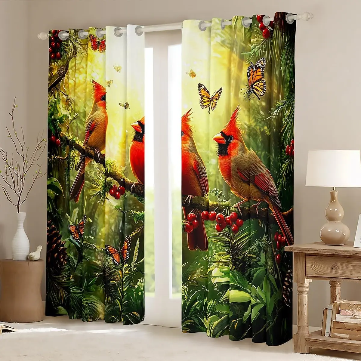 Feelyou Cardinal Bird Print Velvet Blackout Curtains - 2 Panels, Red-Toned Colorful Botanical Designer Bird Print, Multi-Size Sunlight-Blocking Drapes, Woodland Window Treatments for Green Home Interiors, Colorful Curtains, Designer Print Curtains
