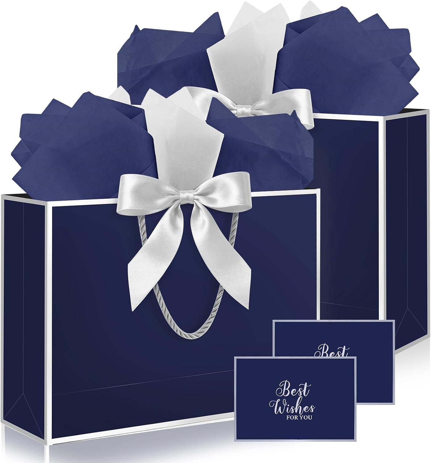 Fancy Large Gift Bags with Handles, 2 Pack 12.6x10x4 Inches - Includes Tissue Paper & Cards for Birthday, Valentine's Day, Baby Shower, Wedding, Anniversary & Holiday Gifts (Blue and Silver)