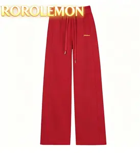 Women’s High Waist Wide Leg Sweatpants, Drawstring Elastic Waist Casual Pants, Soft Straight Leg Trousers with Gold Logo for Streetwear & Loungewear