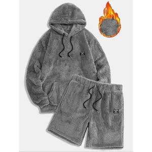 Men’s plush hoodie shorts set, tracksuit, soft breathable warm comfortable fabric, fashionable casual sportswear, winter wear for men