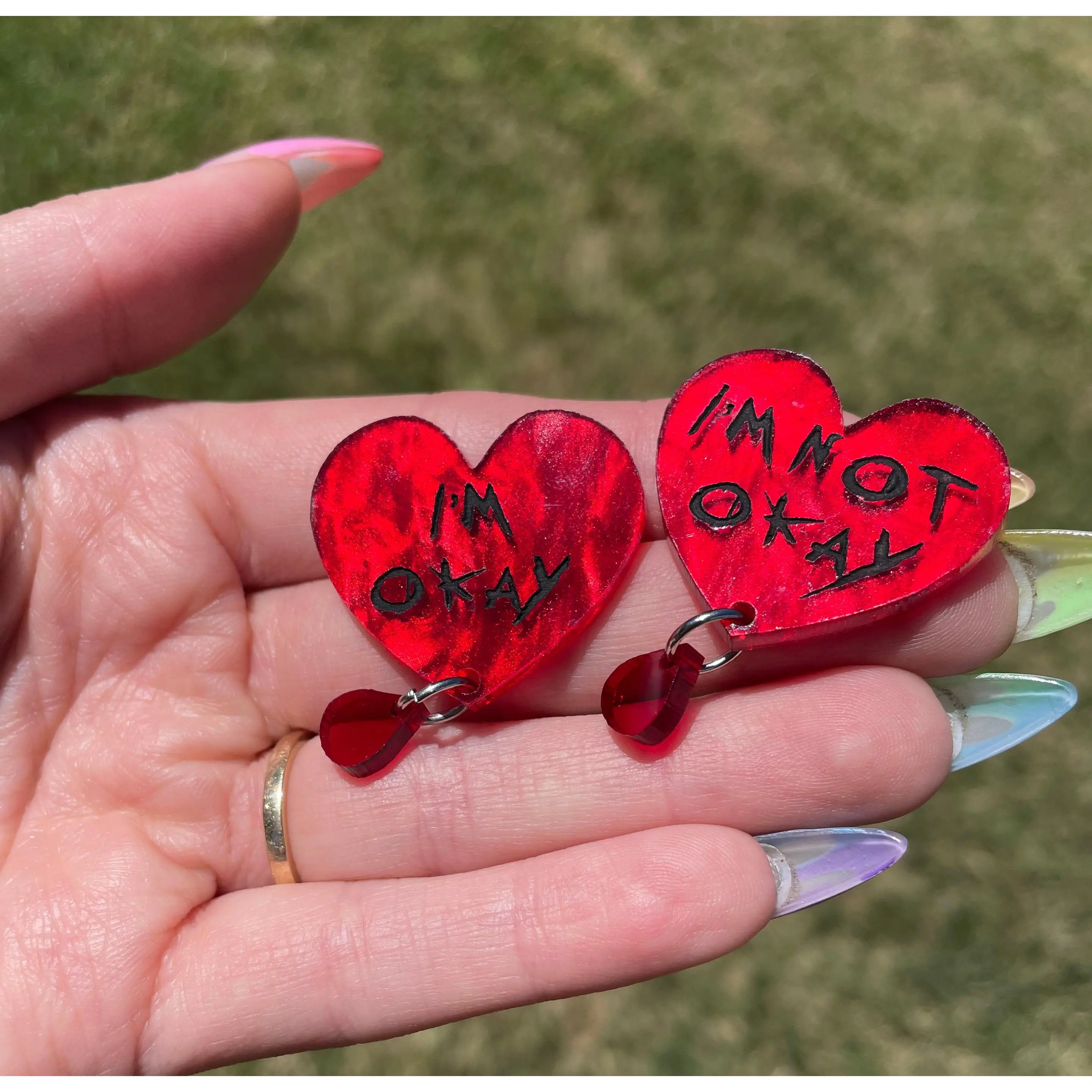 I'm Okay / I'm Not Okay - Red Heart Stud Earrings