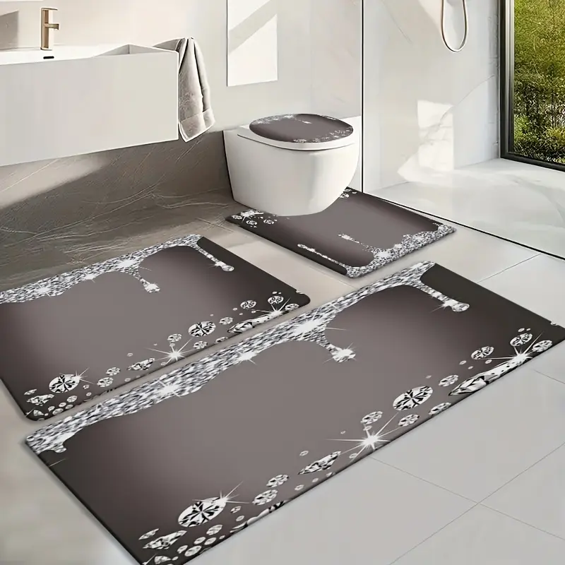 2D Flat 2/3/4Pcs Elegant Sparkling Rhinestone Diamond Pattern Bathroom Mat Set, Thick Flannel Non-Slip Bath Rug, Toilet Lid Cover & U-Shaped Mat, Soft Glam Decor Rug for Modern Bathroom Interior