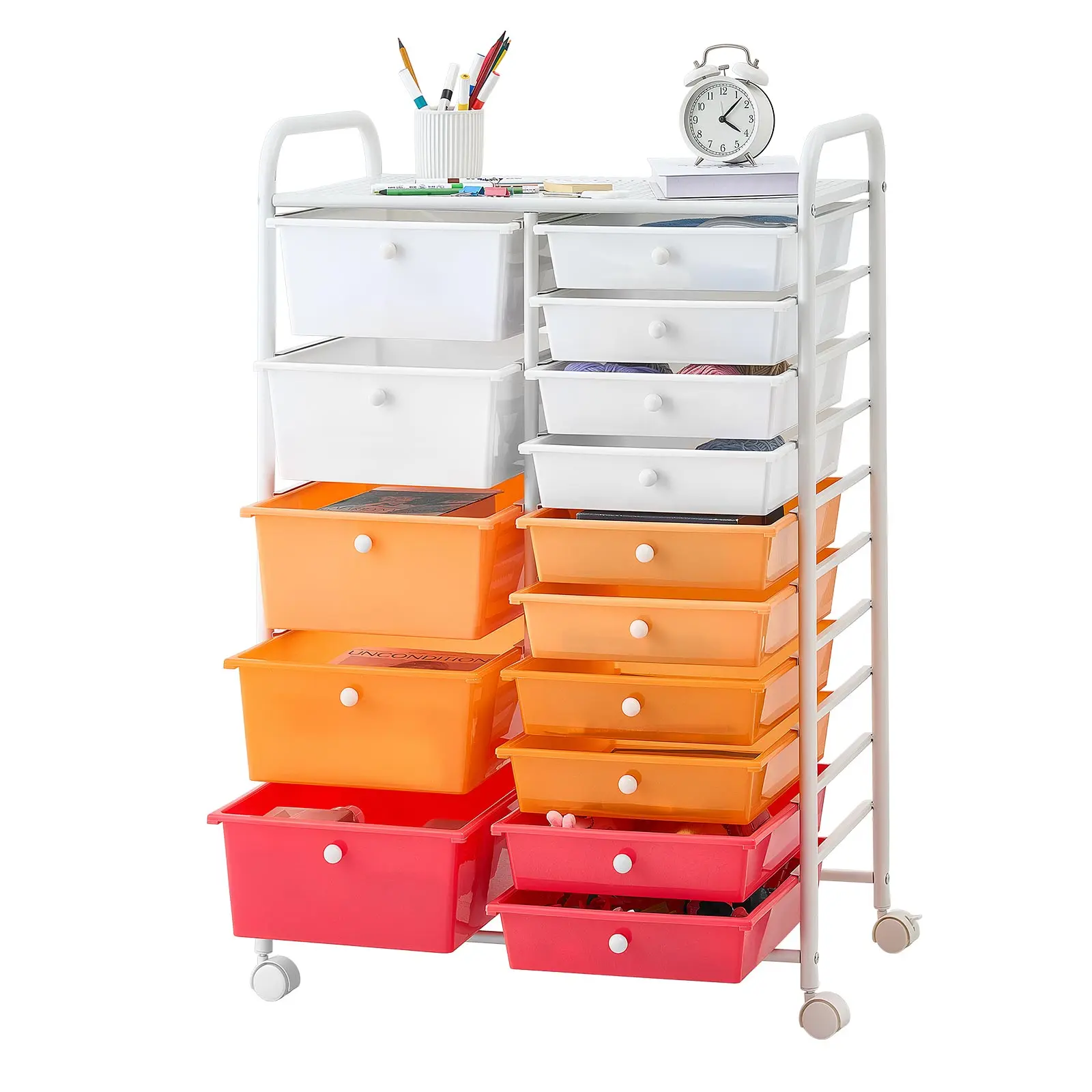 VEVOR 15-Drawer Rolling Cabinet-Rack Storage Organiser, Double Row Large Cap Steel Frame, Rotatable Universal Casters (2 Brakes), Smooth Sliders, 15 lbs/Drawer, Raised Sides, Perforated Top, Easy Assembly, for Office, Classrooms, Rectangle, Freestanding