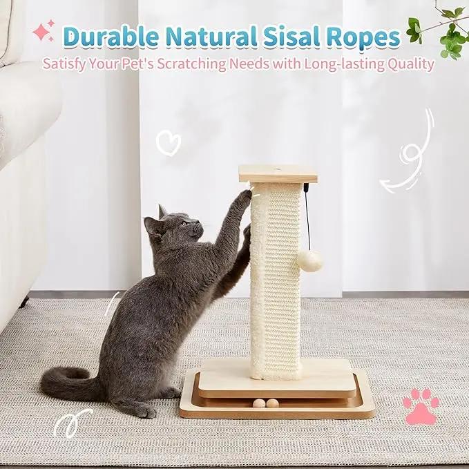 Wooden Cat Scratching Post with Track Ball Toy, Durable Natural Sisal Cat Scratcher with Hanging Pom-Pom, Interactive Cat Activity Center for Indoor Cats