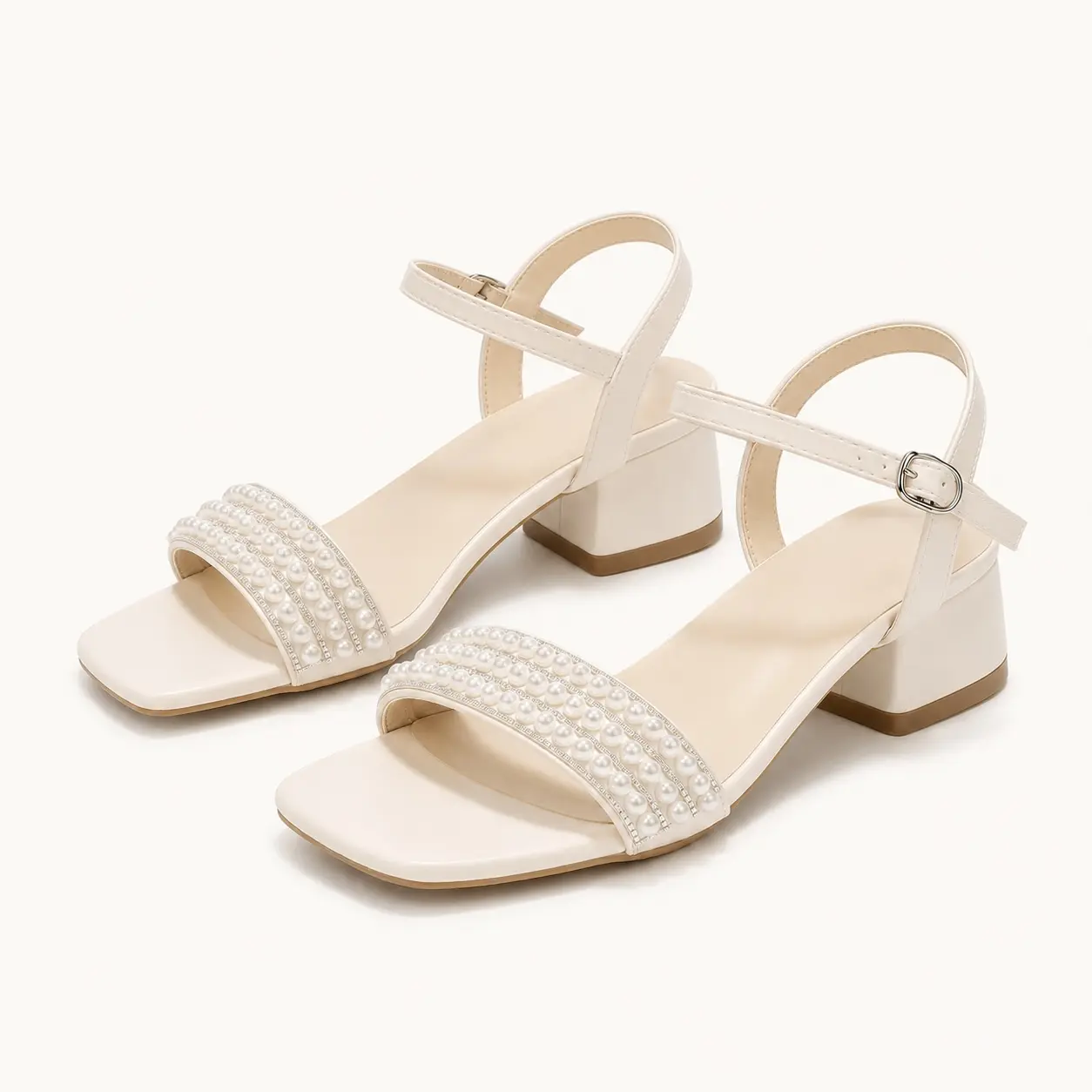 GeeYea women’s Pearl Strap Low Heel Sandals, Square Toe Open Toe Block Heel Dress Sandals with Adjustable Ankle Strap, PU Upper & PVC Sole, Elegant Shoes for Wedding, Party, Office & Spring Summer Outfits