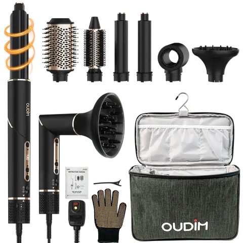 OUDIM 6-in-1 Brushless Hot Air Comb Hair Dryer Kit - 6 Brush Heads, Hair Dryer Diffuser, 110000 RPM High Speed Motor, Negative Ion Tech, 3 Wind Speeds, Adjustable Thermostat, Fast Drying, Anti-Frizz, Travel Bag