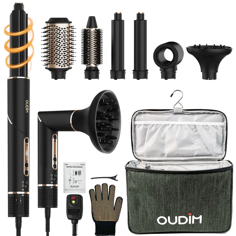 OUDIM 6-in-1 Brushless Hot Air Comb Hair Dryer Kit - 6 Brush Heads, Hair Dryer Diffuser, 110000 RPM High Speed Motor, Negative Ion Tech, 3 Wind Speeds, Adjustable Thermostat, Fast Drying, Anti-Frizz, Travel Bag