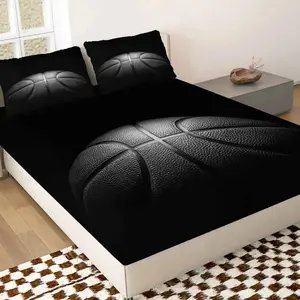 3-Piece Sports Luxury Black Basketball Bed Sheet Set (1 Bed Sheet + 2 Pillowcases, No Core), Leisure Theme, Basketball Enthusiast Bedding Set, Soft and Breathable Mattress Protector, Bedroom, Recreation Room