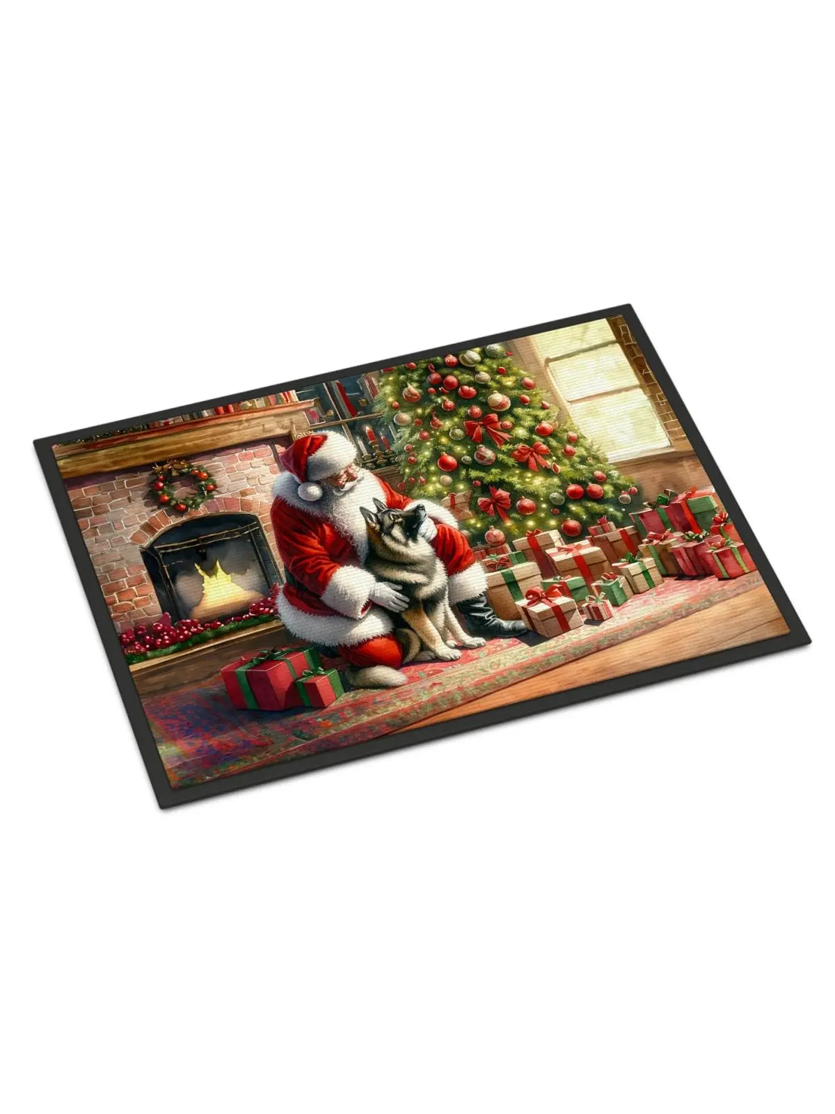 Unisex 24 x 36 in American-Made Christmas Norwegian Elkhound & Santa Claus Weather-Resistant Doormat - Polyester Felt, Anti-Slip Base, All-Surface Front Door Decor Animal Decorations Rug for Entryway, Porch
