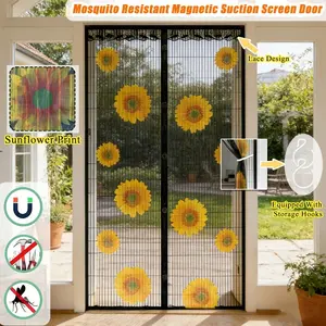 Summer Magnetic Screen Door, Sunflower Print with Storage Hooks, Mosquito Proof Soft Mesh Curtain, Pet Friendly, Self-Adhesive Easy Install, Magnetic Suction, Mosquito Resistant