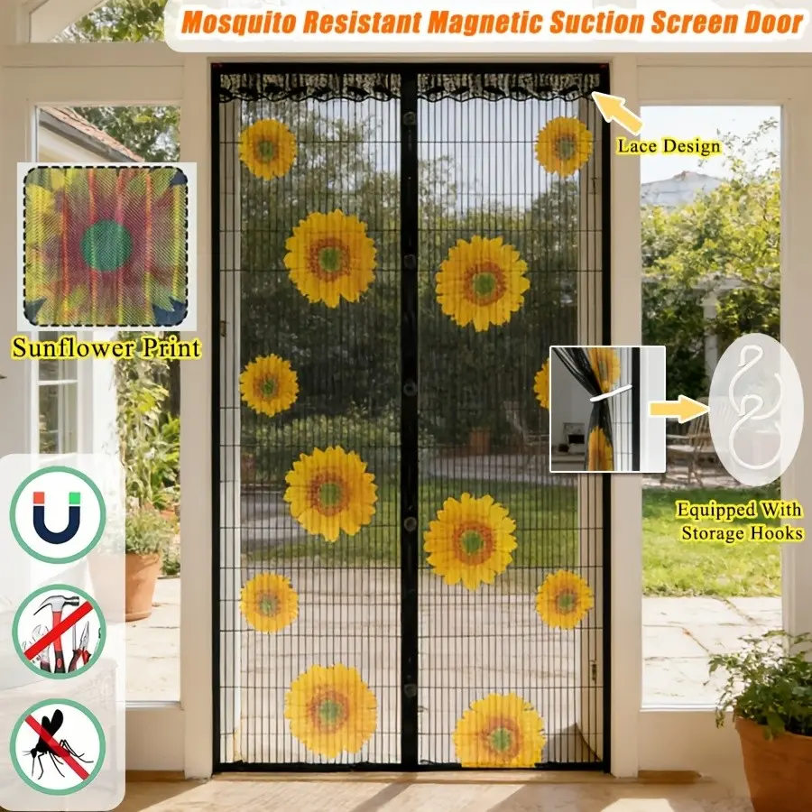 Summer Magnetic Screen Door, Sunflower Print with Storage Hooks, Mosquito Proof Soft Mesh Curtain, Pet Friendly, Self-Adhesive Easy Install, Magnetic Suction, Mosquito Resistant, Magnetic Closure, Door Entrance