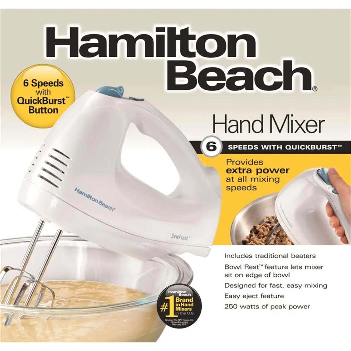 Hamilton Beach Compact Corded Kitchen Hand Mixer - White Plastic, 6-Speed, 250 W, 2.7 lbs, 3.5" Depth, 8.3 in. Width, 9.2 in. Height, Dishwasher Safe, Power Mixing Capabilities, 1 Year Limited Parts and Labor Warranty