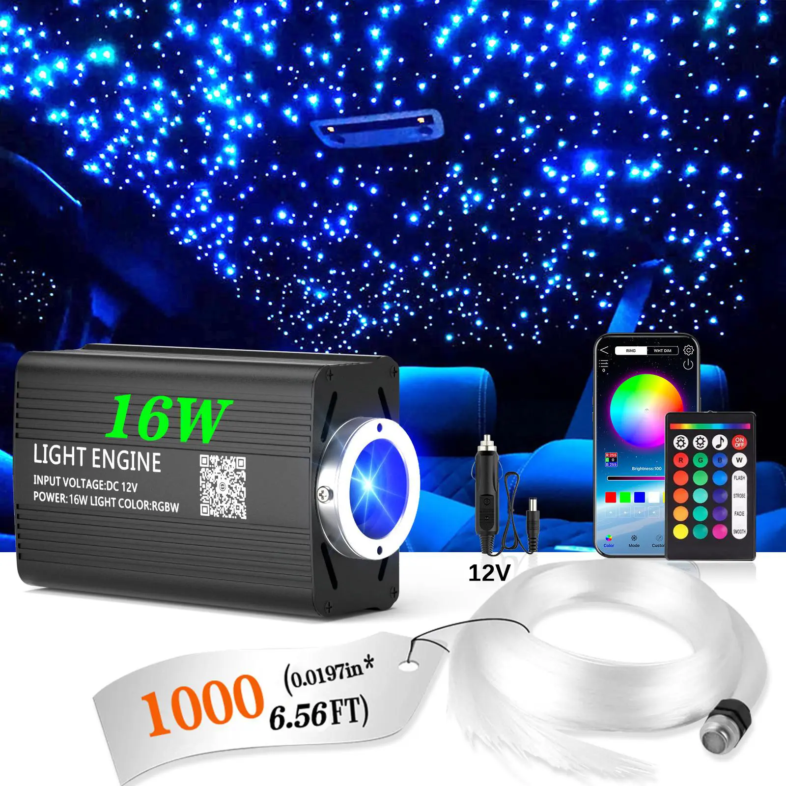 VASTFIRE 1000pcs 0.02in 6.5ft Optical Fiber Car Starlight Headliner Kit - 12V LED Ambient Lighting, 16W, App+Remote Control, Color-Changing Fade/Jump Modes, Brightness/Speed Adjustment, 100% Sound-Sensitive Dimming, Ceiling Stars Car Interior Decor,home d