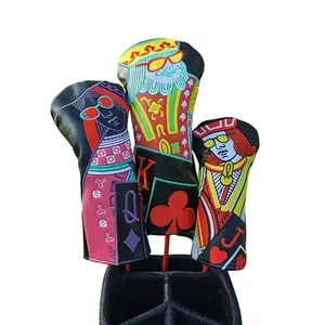 A golf club head cover embroidered with the patterns of the poker cards J, Q and K - Magnetic Buckle Closure | Fits Hybrid, Driver, Fairway Wood & Iron Clubs