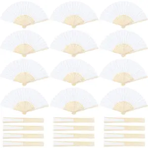24 Pieces Handheld White Paper Folding Fans with Bamboos for Wedding Gift, Party, Home and DIY Decoration