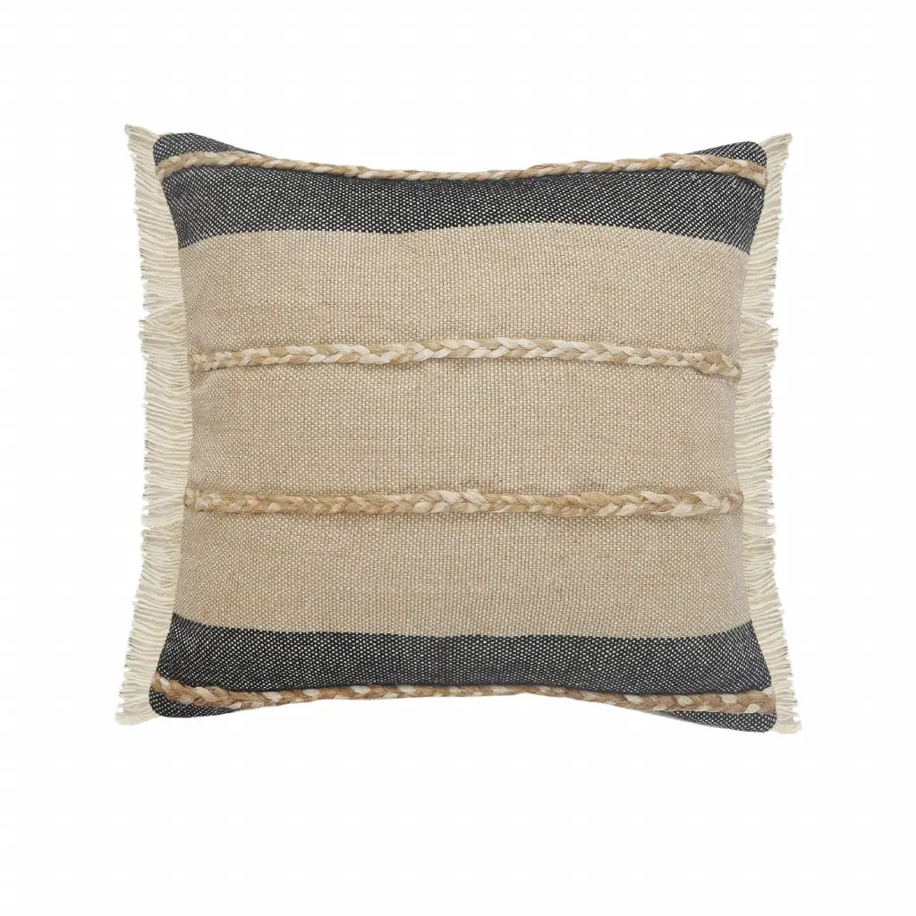 HomeRoots Set of 2 Black Striped Zippered Jute Square Cushions - 4x24x24 in. Creative Decorative Pillows with Removable Cushion Covers, Square Cushion