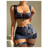 Women's 3-Pieces Sports Underwear Lingerie Set - Underwear Women, Sheer Lace Babydoll, Lace-Up Wireless Bra, Low-Rise Panty, Nylon Blend Stretch Fabric, Date-Night Sexy, Sleek Look, All Seasons Panties