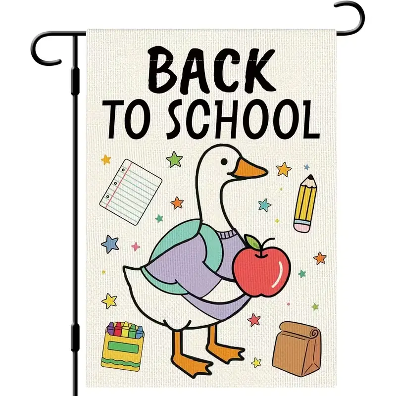 Back to School Decorative Double-Sided 2D Flat Print Garden Flag, Cartoon Duck & School Art Design, Porch Lawn Classroom Kid Outdoor Decor (Flag Stand Not Included) - Teacher Gift Home Festive Supply
