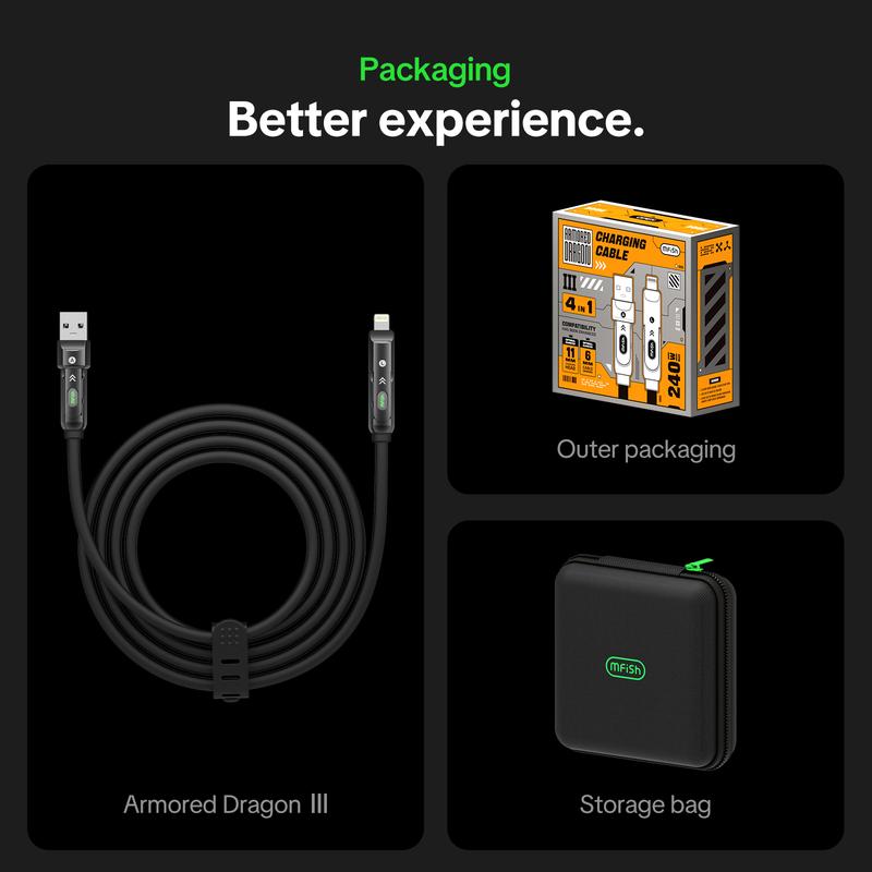 MFish Armored Dragon III 4-in-1 Multi 240W Max Fast Charging Cable with USB A Type C Lightning for iPhone 17& Samsung Laptops  Charger