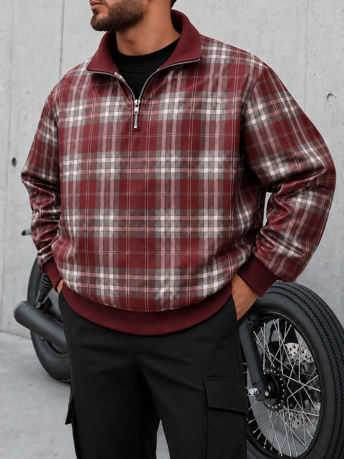 Men’s Stylish Classic Plaid Quarter-Zip Pullover Jacket - Long-Sleeve Ribbed Trim Casual Woven Outerwear, Polyester Spandex Half-Zip Sweater for Fall Streetwear, Mens Tops
