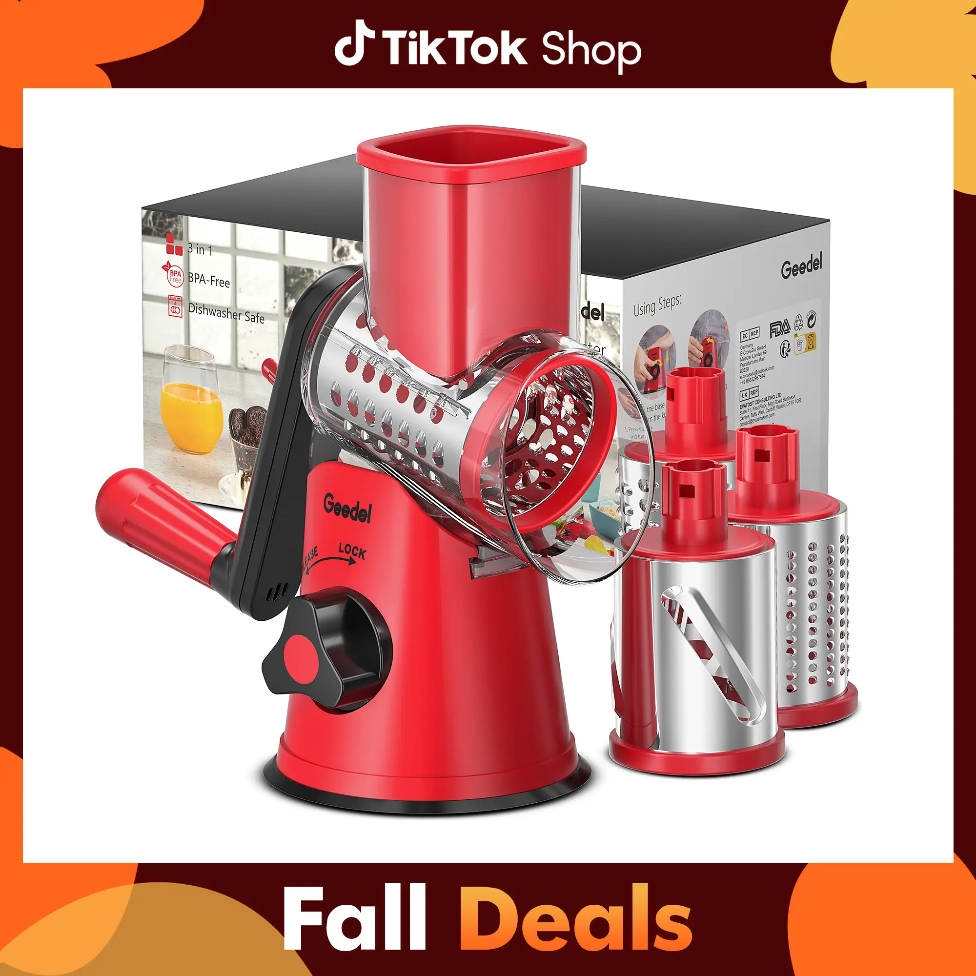 Geedel Rotary Cheese Grater, Dishwasher Safe Vegetable Cheese Slicer with Strong Sunction Base, Kitchen Gratrer Vegetable Slicer BPA Free, Multi-Purpo