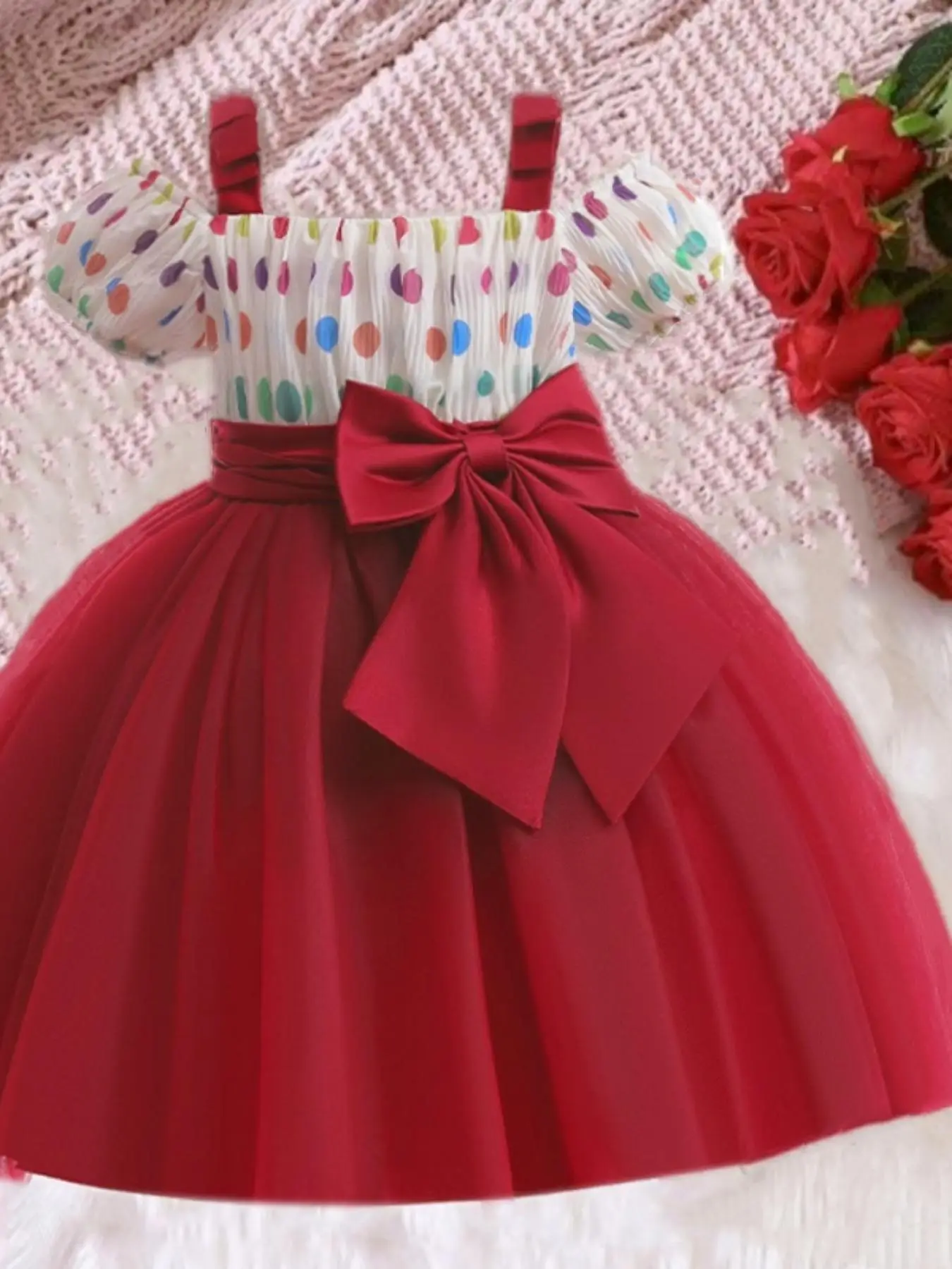 Girl's Patchwork Polka Dot Print Bow Front Cold Shoulder Tulle Dress, Elegant Puff Sleeve High Waist Fit & Flare Dress for Party Holiday Wedding Guest