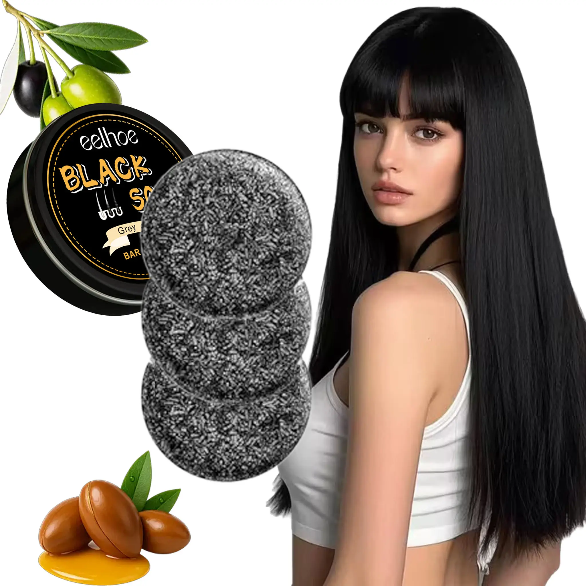 Compact Solid Black Soap Shampoo Bar Cleanser for Natural Hair Darkening, Gray Coverage - Gentle Plant-Based Formula with Rich Lather, Daily Haircare for Adults, Suitable for Any Hair Type
