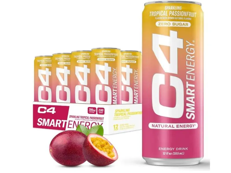 C4 Smart Energy Drink - Sugar Free Performance Fuel & Nootropic Brain Booster, Coffee Substitute or Alternative | Tropical Passionfruit 12 Oz - 12 Pack