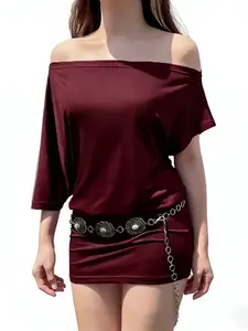 Women's One-Shoulder Batwing Sleeve Mini Dress, Y2K Bodycon T-Shirt Dress, Perfect for Club Party, Stylish Evening Wear