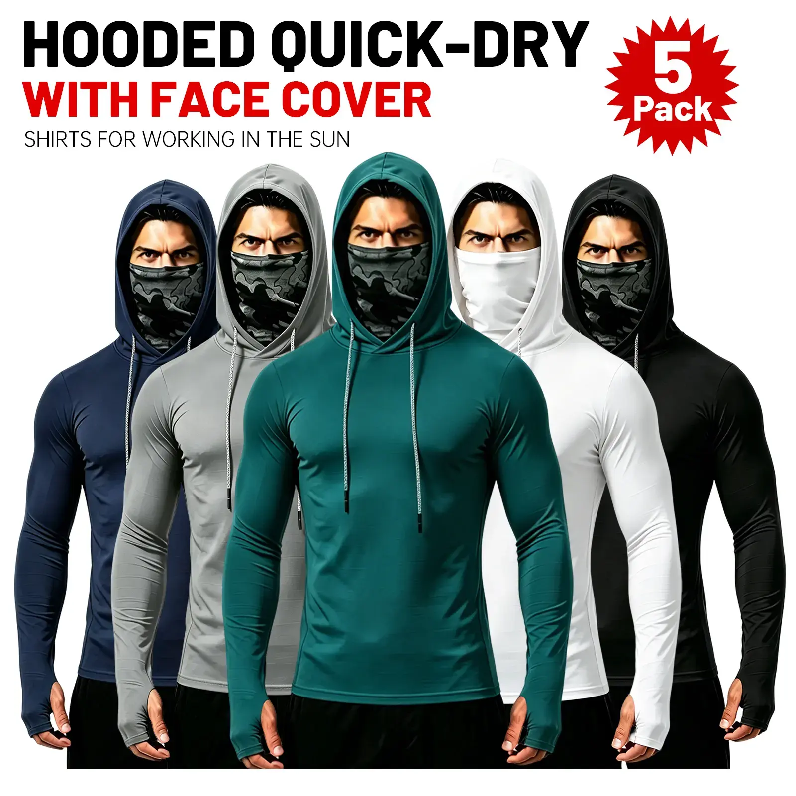 Male Cotton 6-Piece Outdoor Work Sun-Protective Set - Sun-Shielding Hoodie with Built-In Face Mask, Neck Guard, Breathable Long Sleeves, for Back to School Shopping