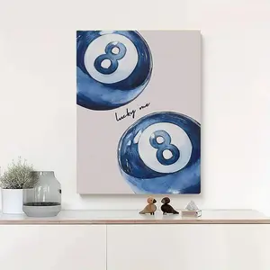 Retro Maximalist Wall Decor, Preppy Girly "Lucky Me 8" Canvas Print With Blue Ball Element, Trendy White Art for Apartment, Dorm & Bedroom Decoration, wicked good poster