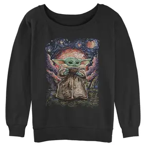 Juniors Womens Star Wars: The Mandalorian Grogu Starry Night Sweatshirt