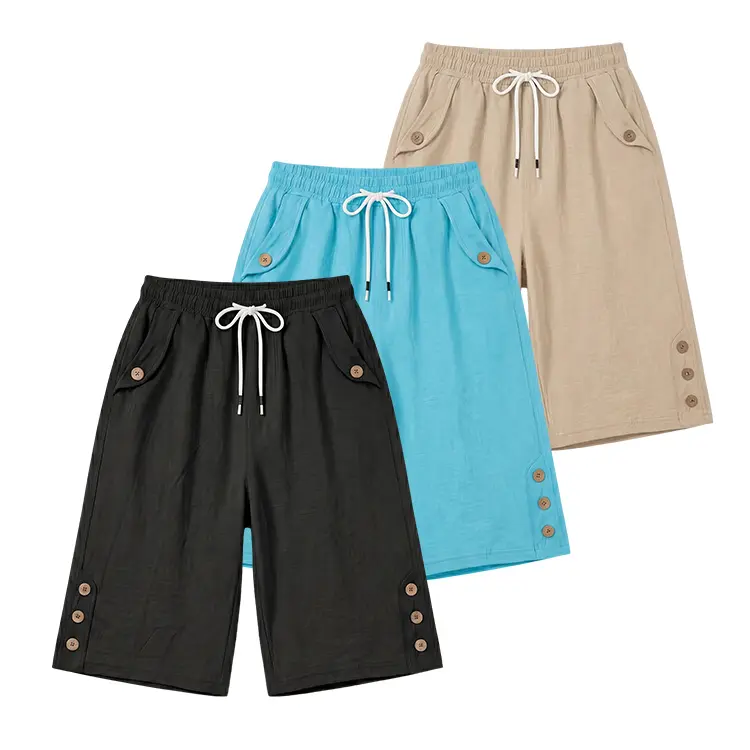 Women’s summer casual knee-length pants with an elastic waistband and drawstring; comfortable shorts with decorative side buttons for everyday wear.
