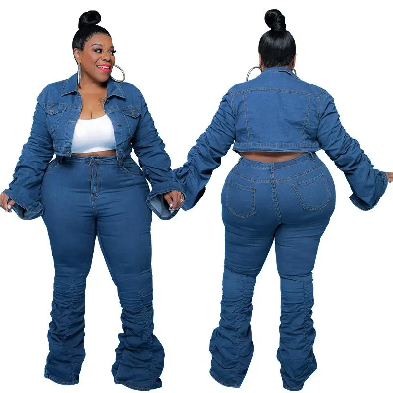 Plus Size Women’s Clothing 2026 Autumn Winter New Vintage Blue Washed Denim Casual Two-Piece Set with Pleated Pants and Long Sleeve Jacket Ladies Cozy Trendy Soft Durable Stylish Smooth Elegant Cute Everyday easy wear