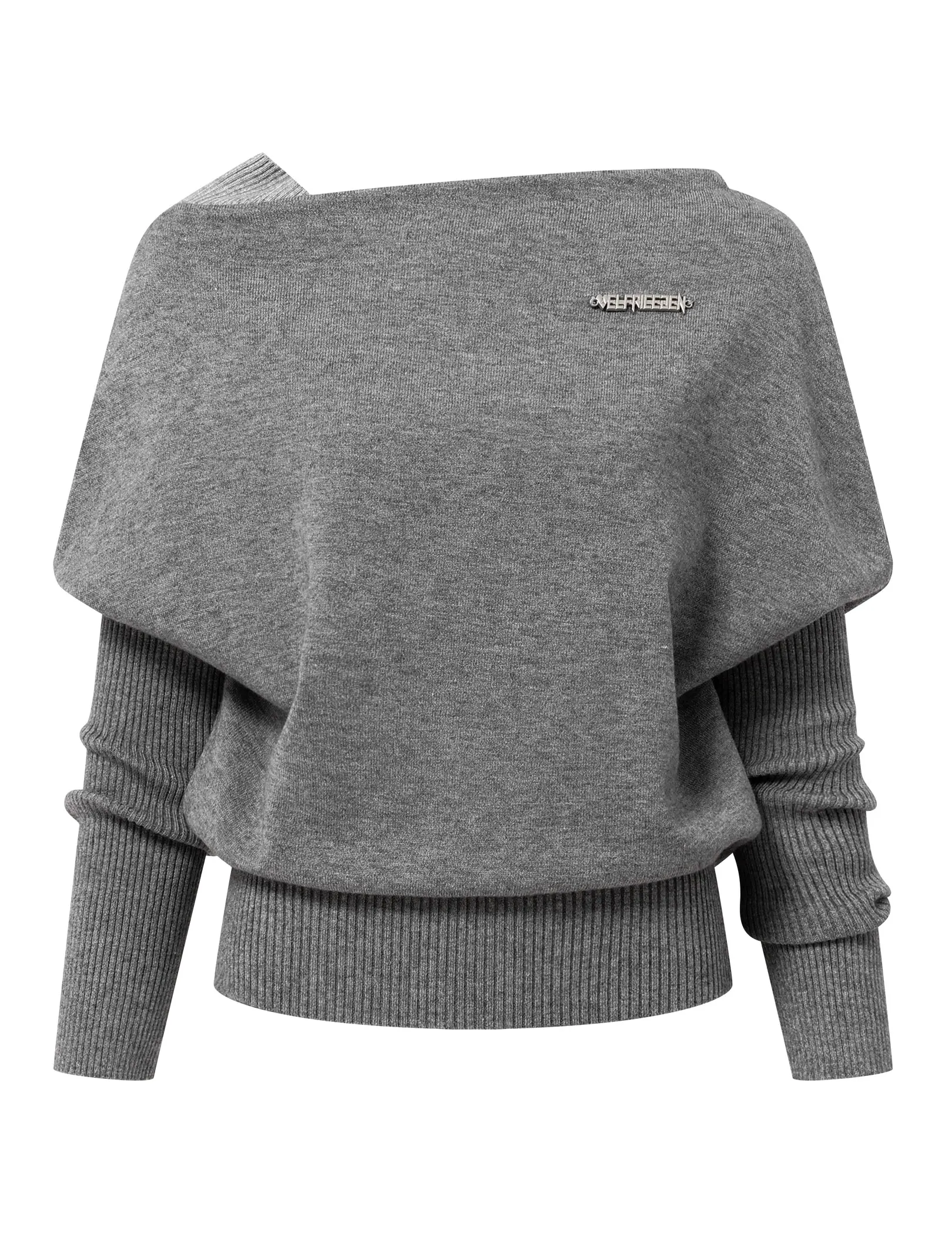 Aelfric Eden Women's Elegant Fitted Off-Shoulder Draped Knitting Sweater, Asymmetric Cut, Layered Ribbed Sleeves, Metal Brand Logo Pin, Ribbed Waist Hem, Soft Viscose Knit Fabric, Minimalist Streetwear Vibe Top, Metallic