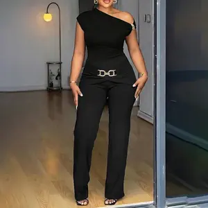 ChicMe Women's 2 Piece Set Skew Neck Slim Fit Top and Elastic Waist Flare Pants with Metal Detail