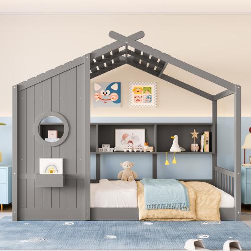 【Bellemave】Full/Twin Size Floor House Bed for Toddler, Kids Montessori Bed  with Storage Shelf, Playhouse Bed with Roof Design, WhiteTwin