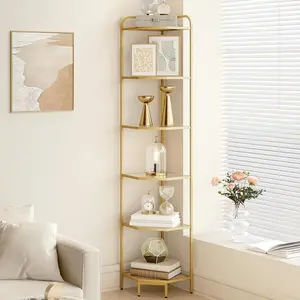 Corner Shelf Stand 6-Tier Glass Bookshelf Bookcase, Bathroom Organizer Plant Stand, Steel Frame Tempered Glass, Modern Style for Living Room Bathroom Kitchen, Golden CS90600G